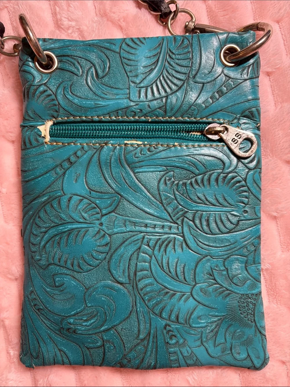 Y2K Western Turquoise Cross Tooled Leather Bag w/ Chain